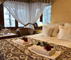 Pokój dwuosobowy de lux z łóżkiem małżeńskim. Widok z okna zimą.