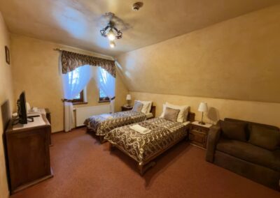 pokój typu twin z kanapą i telewizorem